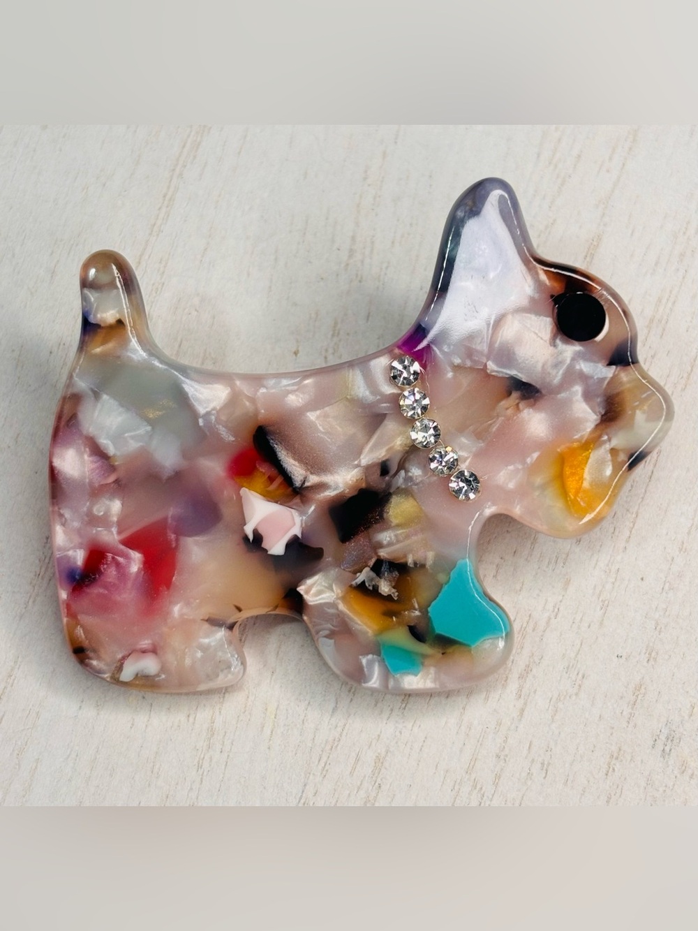 Multicolor Resin Scottie Dog Brooch with Rhinestones
